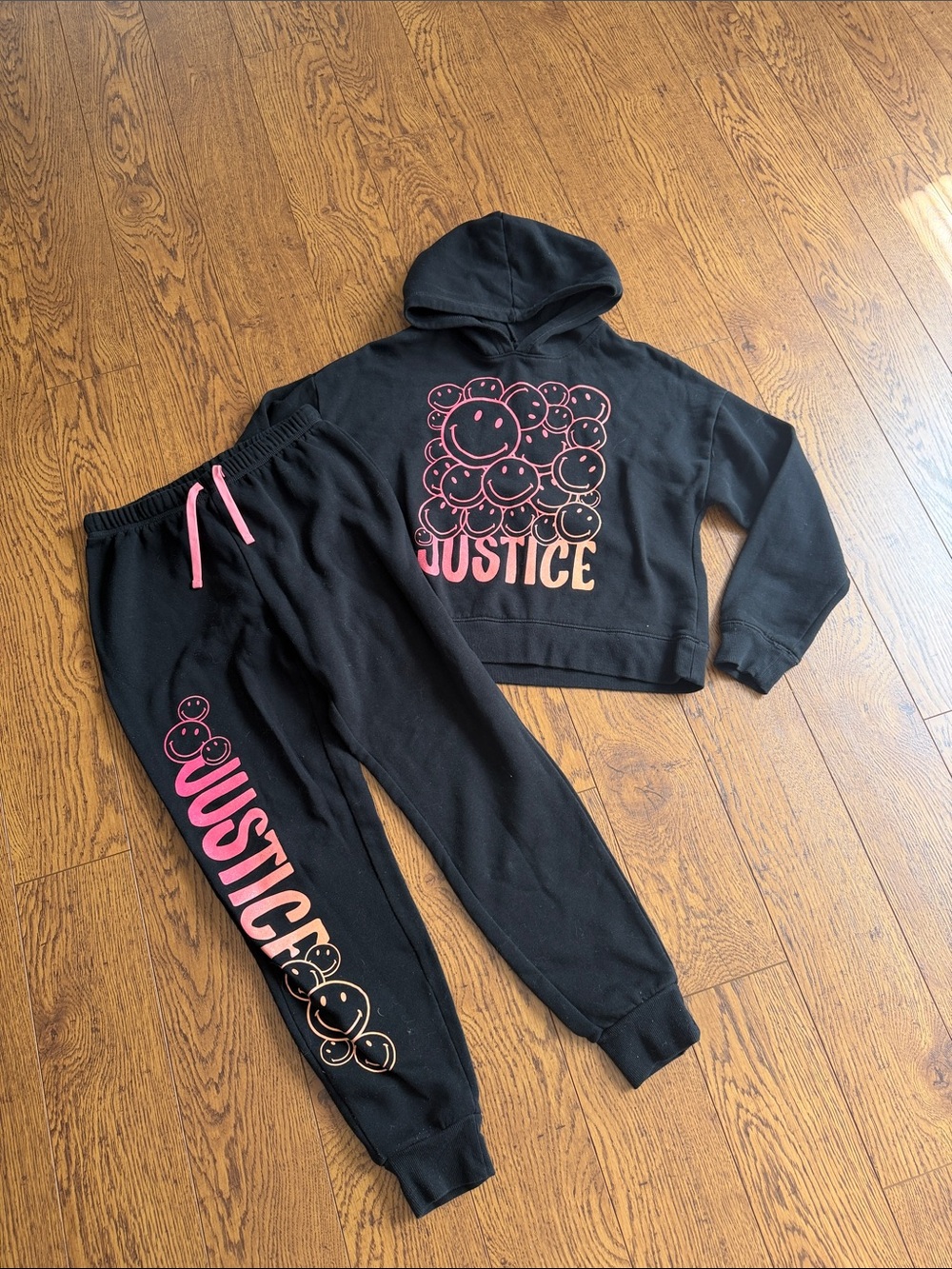 Justice Black Sweatshirt & Joggers Set with Pink Smiley Graphics